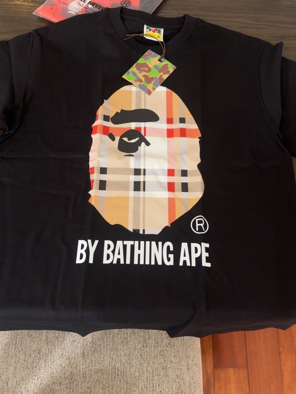 Bape Black Tee with Tan Plaid Ape Head Graphic